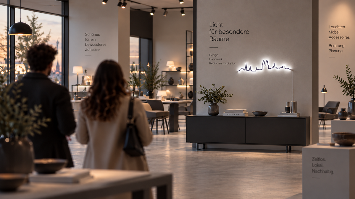 Zwei Personen in einem Einrichtungsgeschäft vor einer beleuchteten Kontura Panoramaleuchte über einem Sideboard.