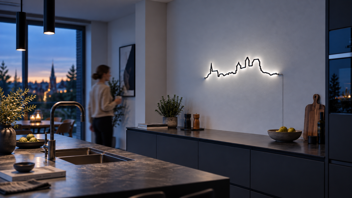 Kontura Skyline in Schwarz, beleuchtet über der Arbeitsfläche einer dunklen Küche am Abend.