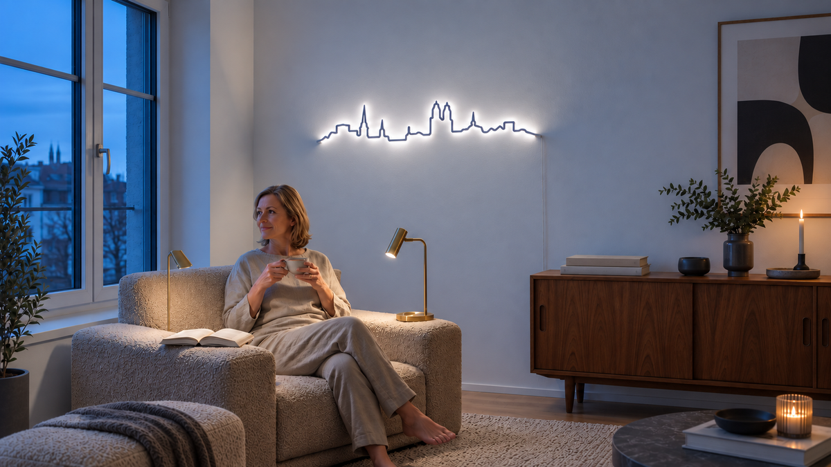 Frau mit Tasse im Sessel einer Leseecke, darüber die beleuchtete Kontura Skyline an der Wand.